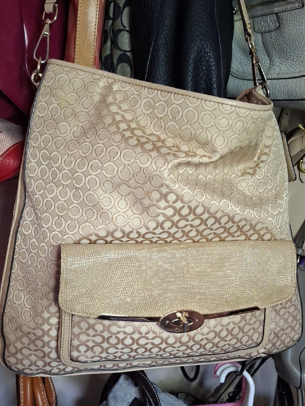 EUC COACH MADISON OP DESIGN TAN CANVAS LEATHER LARGE 2WAY SATCHEL